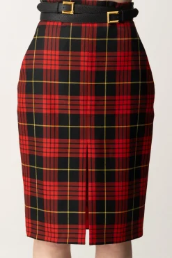 Elisabetta Franchi Gonna Tartan a Tubino con CinturaNERO/RED PASSION