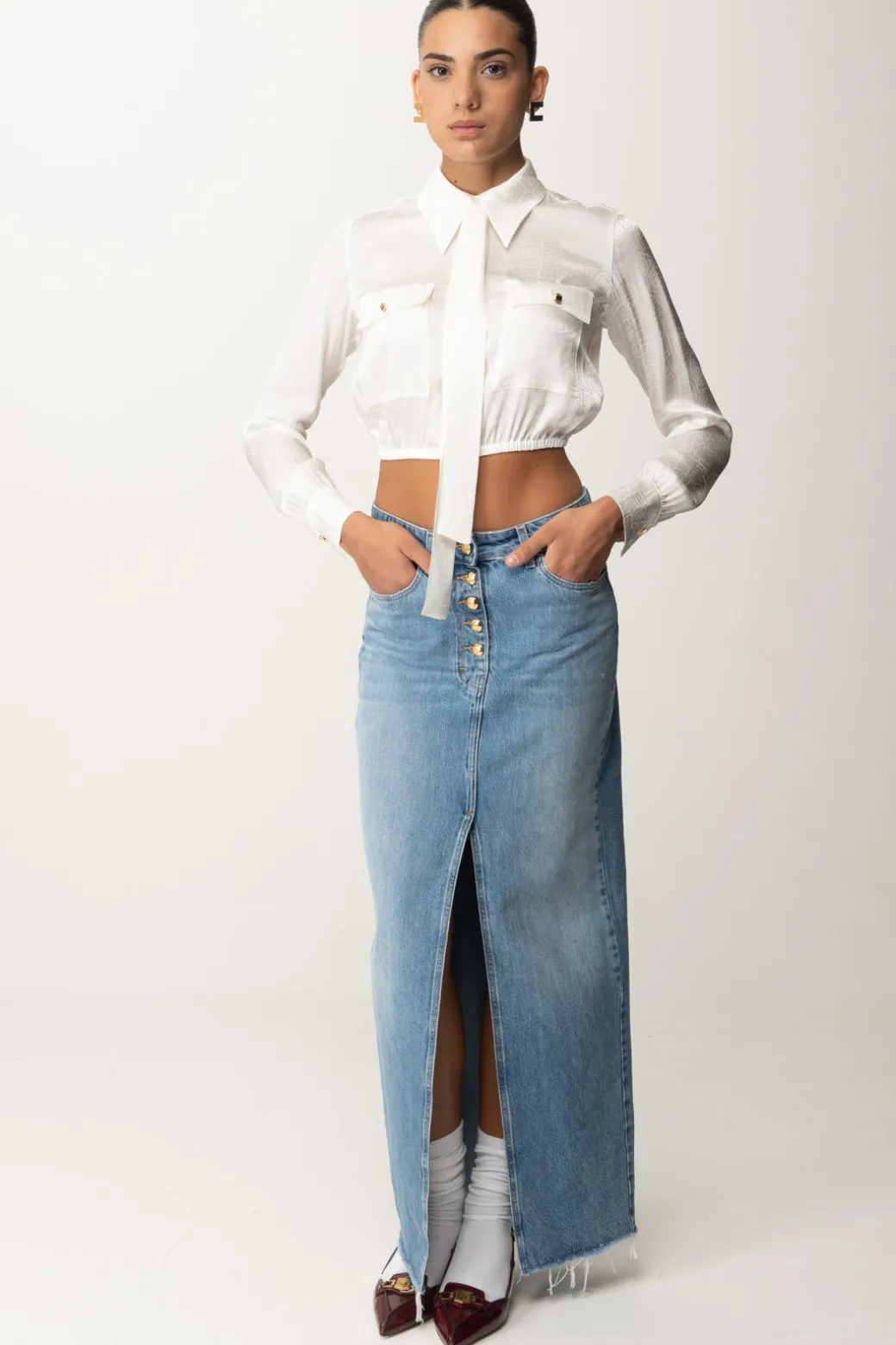 Elisabetta Franchi Gonna Lunga In Jeans con Spacco FrontaleLIGHT DENIM