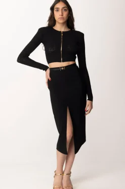 Elisabetta Franchi Gonna Midi con Spacco e CinturaNERO