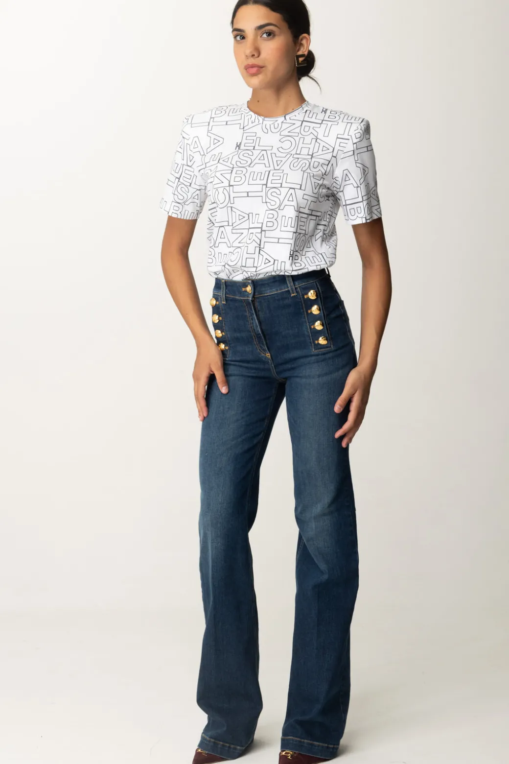 Elisabetta Franchi Jeans a Zampa con Bottoniera LateraleBLUE DENIM