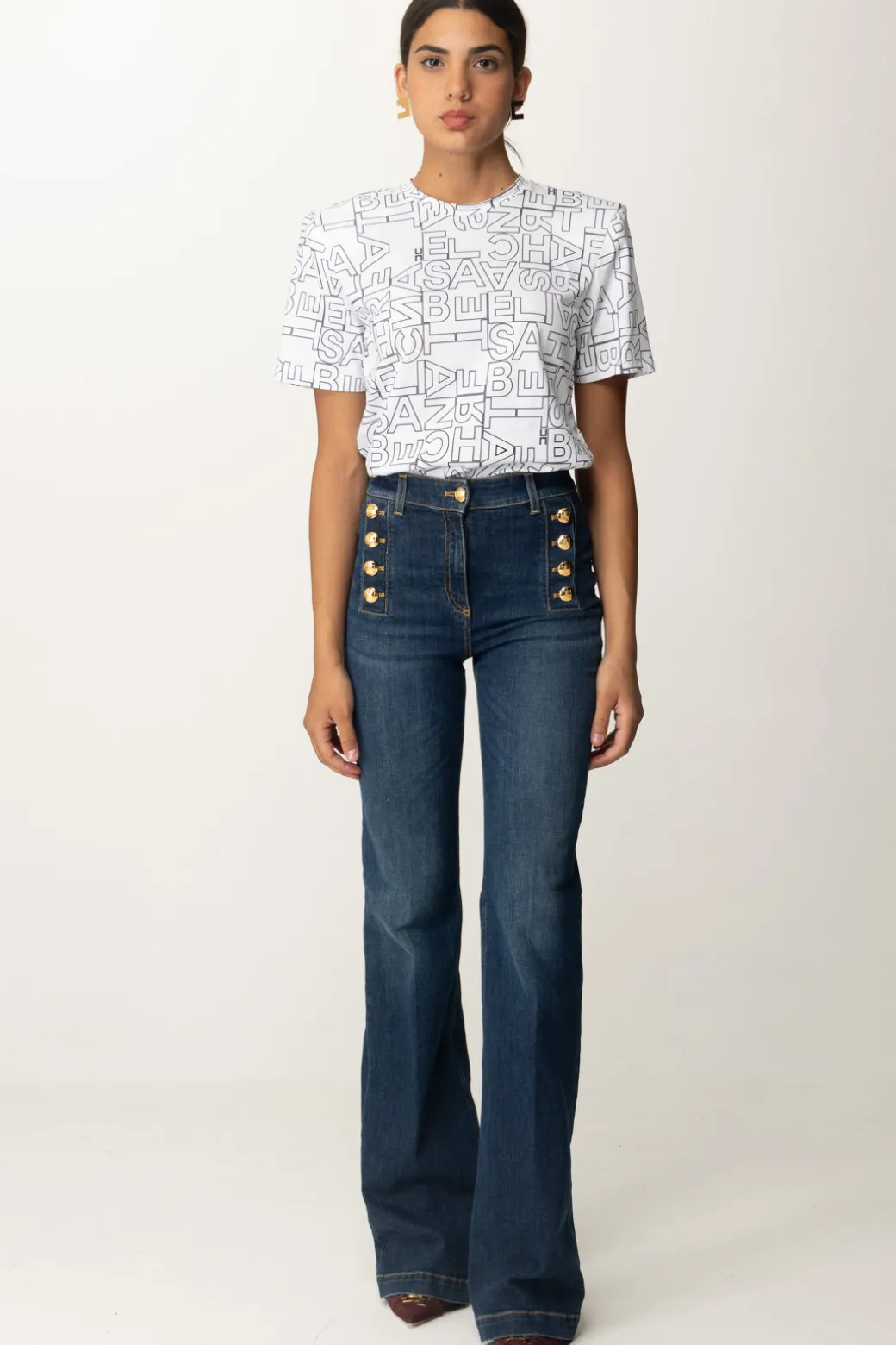 Elisabetta Franchi Jeans a Zampa con Bottoniera LateraleBLUE DENIM