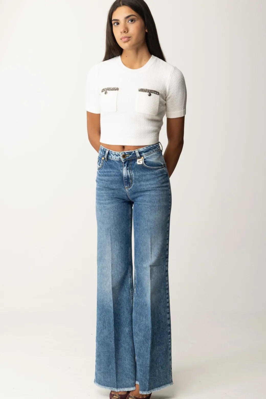 Elisabetta Franchi Maglia Crop a Maniche Corte In Lana BoucléAVORIO