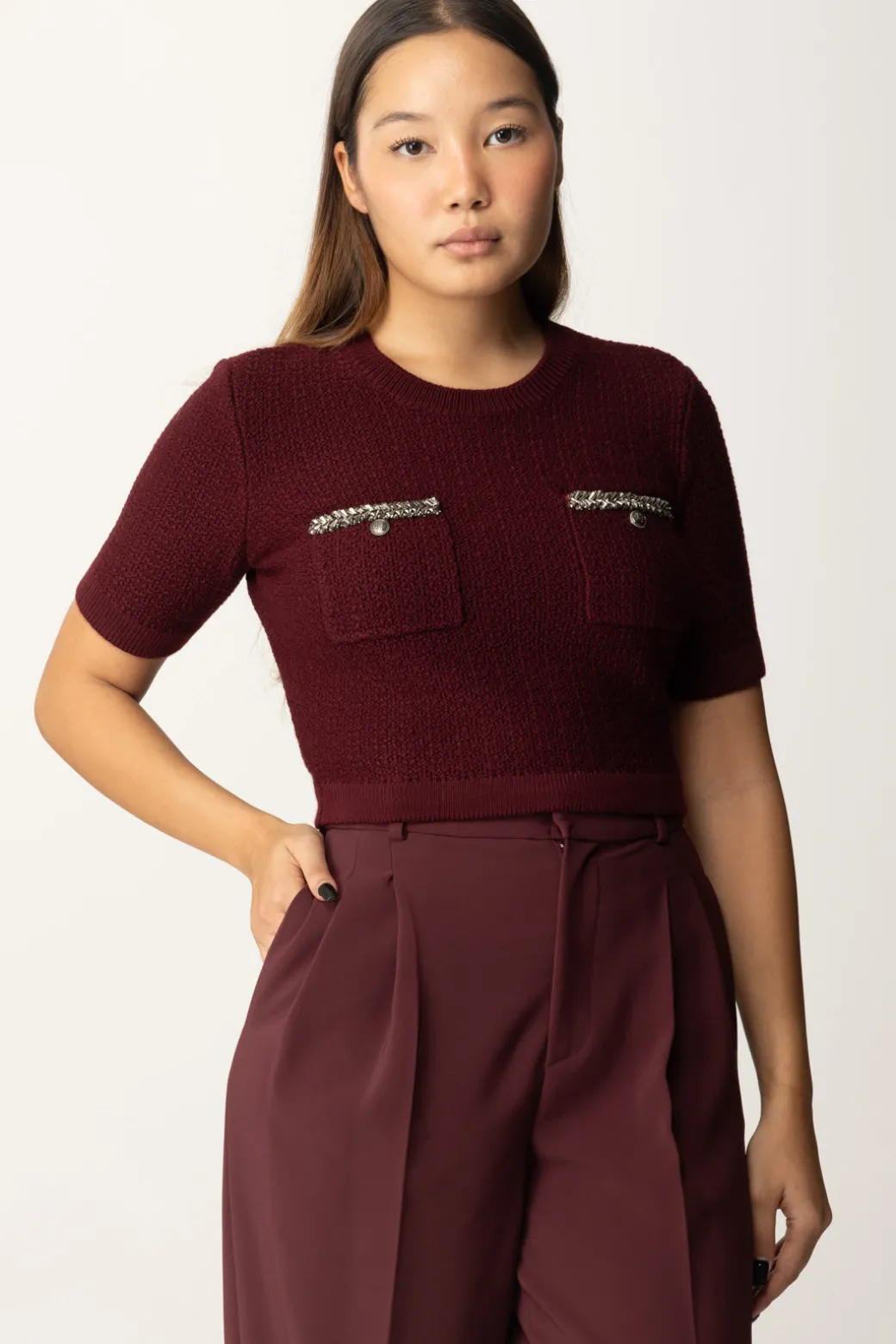Elisabetta Franchi Maglia Crop a Maniche Corte In Lana BoucléROUGE NOIR