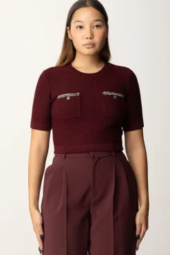 Elisabetta Franchi Maglia Crop a Maniche Corte In Lana BoucléROUGE NOIR