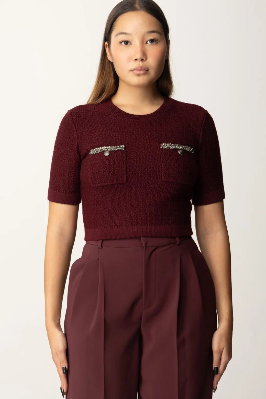 Elisabetta Franchi Maglia Crop a Maniche Corte In Lana BoucléROUGE NOIR