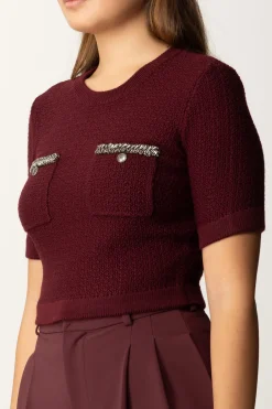 Elisabetta Franchi Maglia Crop a Maniche Corte In Lana BoucléROUGE NOIR