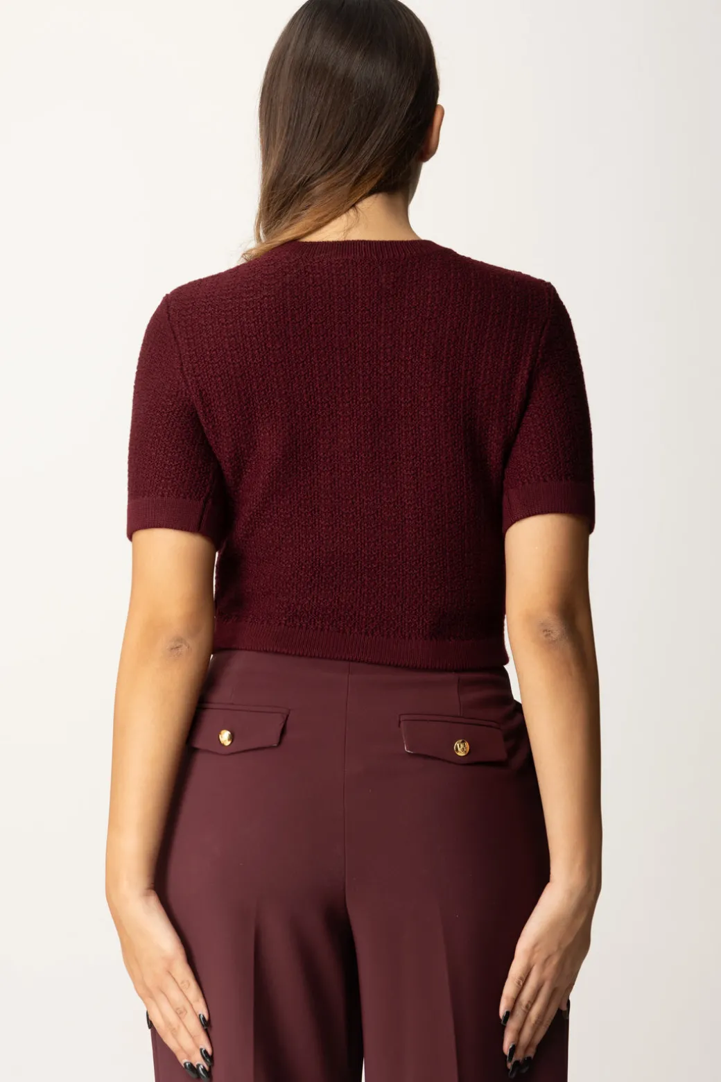 Elisabetta Franchi Maglia Crop a Maniche Corte In Lana BoucléROUGE NOIR