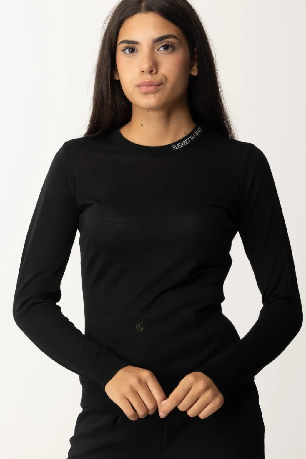 Elisabetta Franchi Maglia In Lana Merino con Colletto LogatoNERO