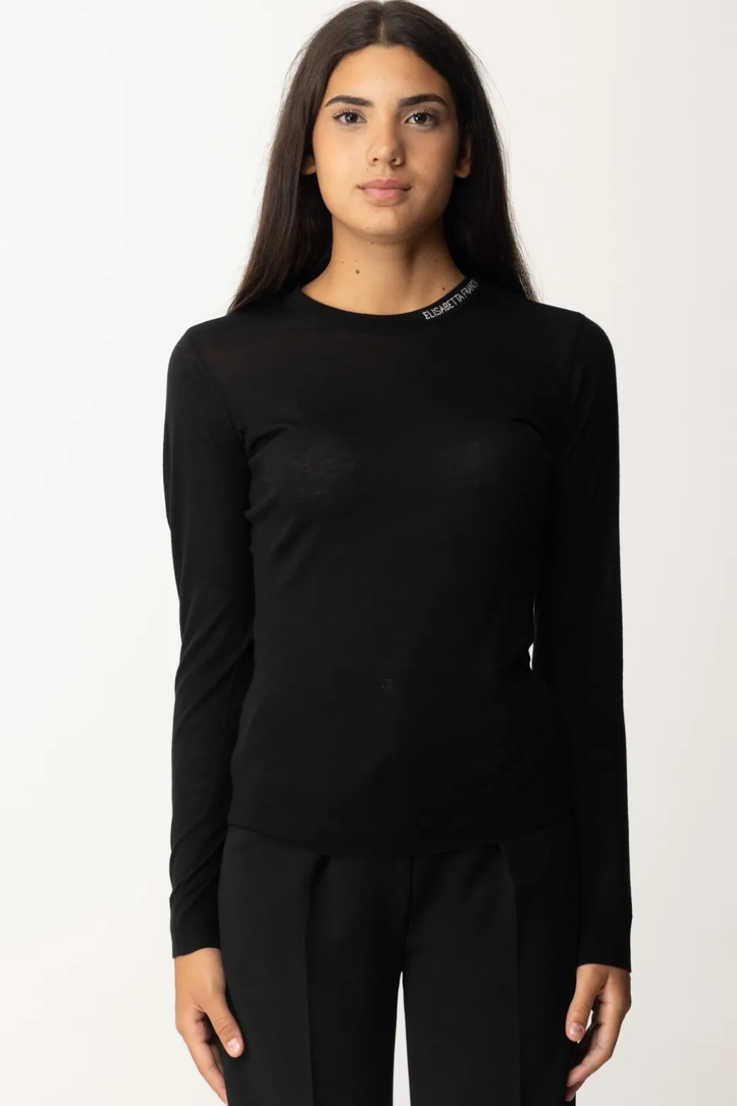 Elisabetta Franchi Maglia In Lana Merino con Colletto LogatoNERO