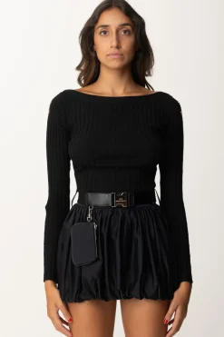 Elisabetta Franchi Maglia Cropped a Coste con BottonieraNERO