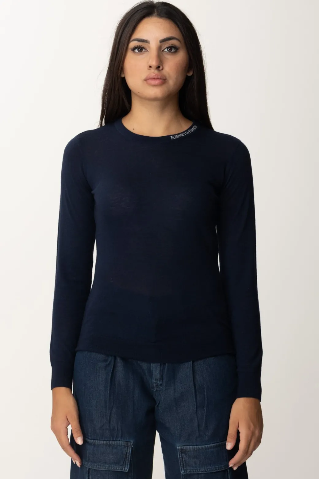 Elisabetta Franchi Maglia In Lana Merino con Colletto LogatoNAVY