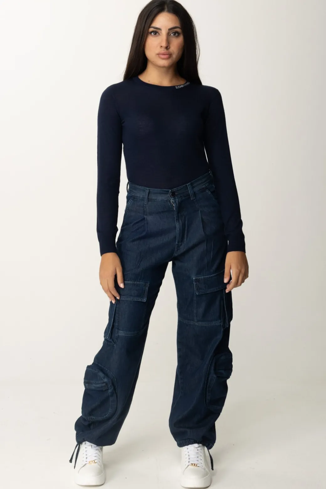 Elisabetta Franchi Maglia In Lana Merino con Colletto LogatoNAVY