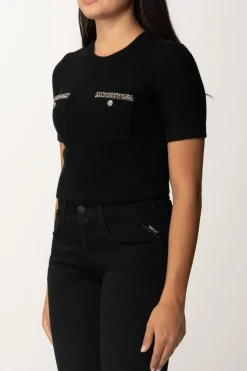 Elisabetta Franchi Maglia Crop a Maniche Corte In Lana BoucléNERO