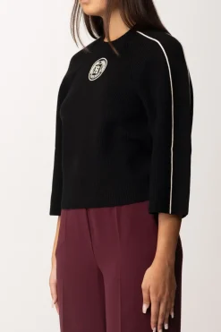 Elisabetta Franchi Maglia Cropped In Viscosa con Patch LogoNERO/BURRO