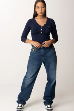 Elisabetta Franchi Maglia Scollo a V con Ricamo LogoNAVY