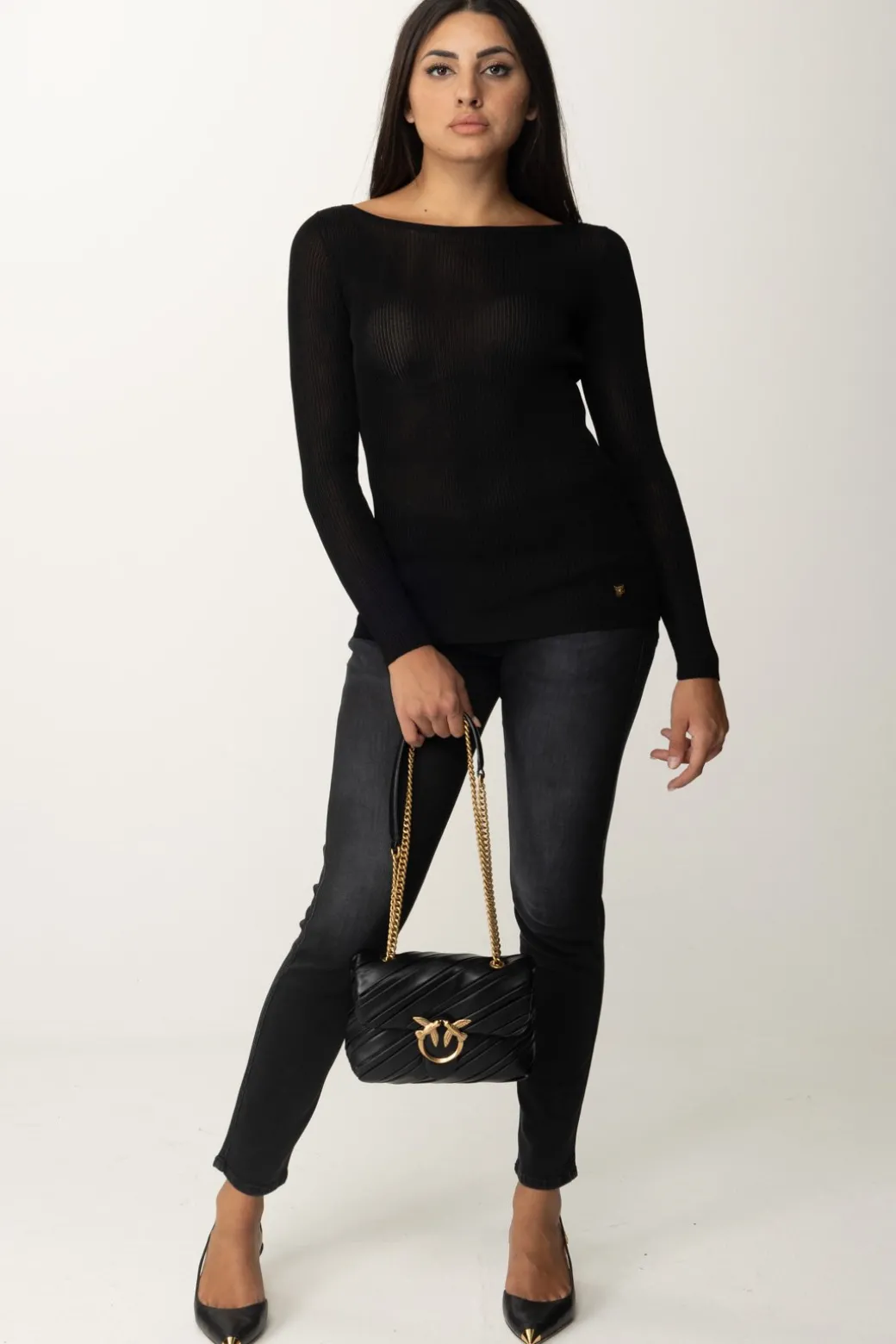 Elisabetta Franchi Maglia In Viscosa a Costine con Placca LogoNERO