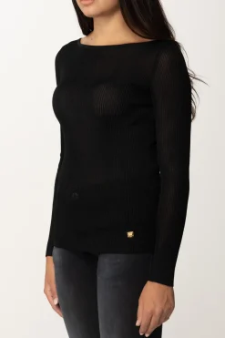 Elisabetta Franchi Maglia In Viscosa a Costine con Placca LogoNERO