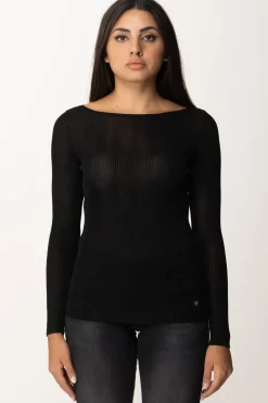 Elisabetta Franchi Maglia In Viscosa a Costine con Placca LogoNERO