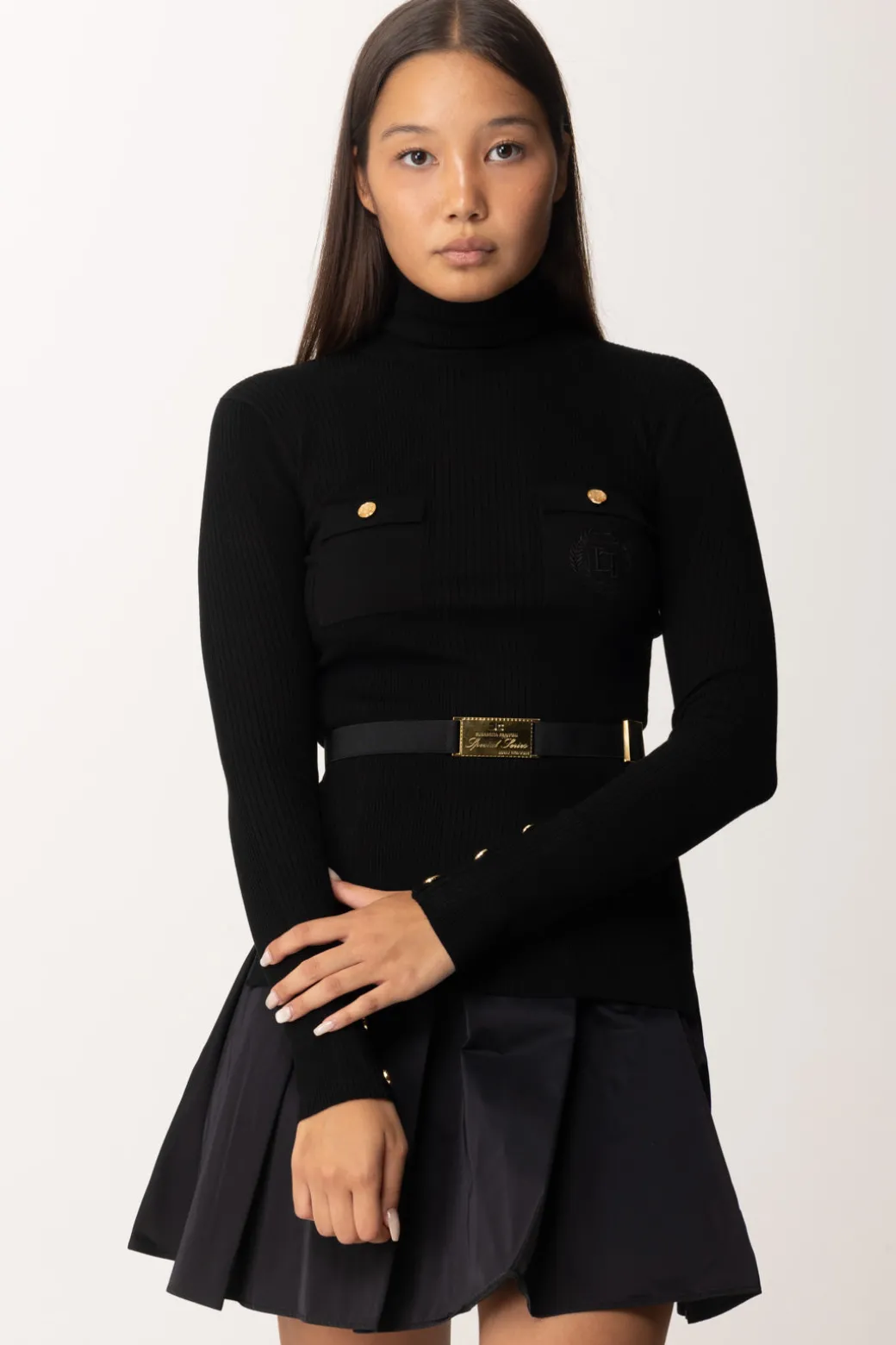 Elisabetta Franchi Maglia Dolcevita a Costine con Ricamo LogoNERO