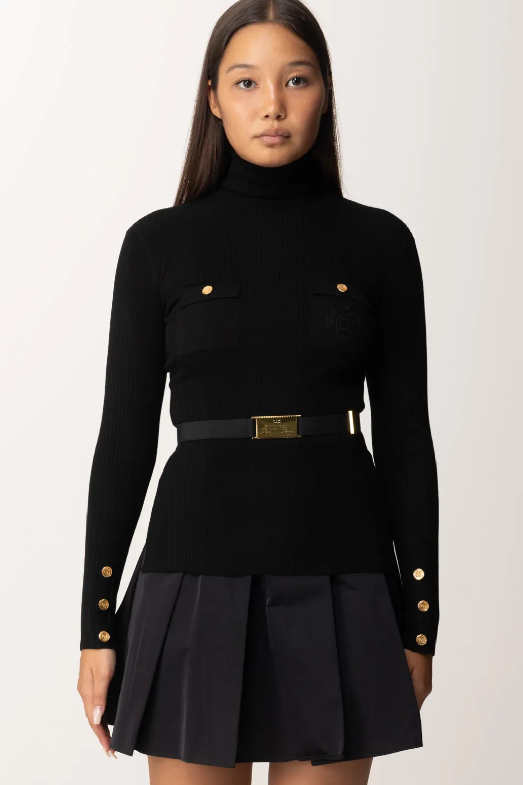 Elisabetta Franchi Maglia Dolcevita a Costine con Ricamo LogoNERO