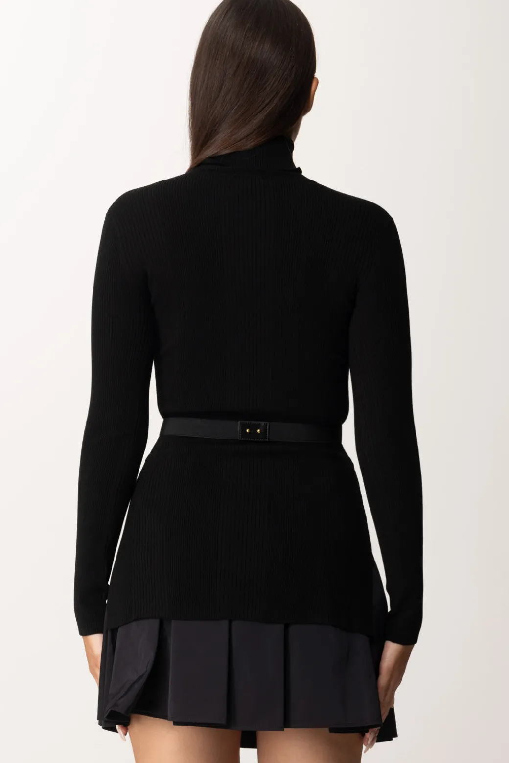 Elisabetta Franchi Maglia Dolcevita a Costine con Ricamo LogoNERO