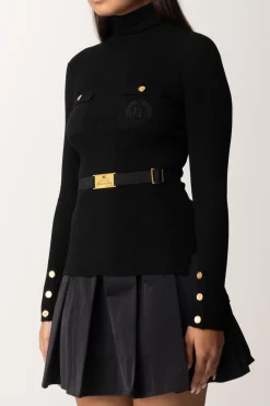 Elisabetta Franchi Maglia Dolcevita a Costine con Ricamo LogoNERO