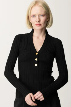 Elisabetta Franchi Maglia In Viscosa a Coste con BottonieraNERO