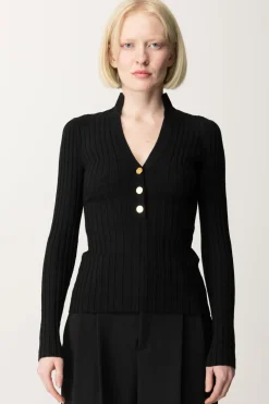 Elisabetta Franchi Maglia In Viscosa a Coste con BottonieraNERO