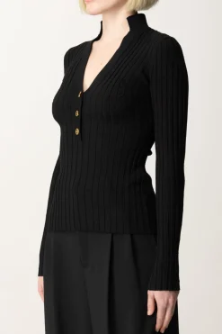 Elisabetta Franchi Maglia In Viscosa a Coste con BottonieraNERO