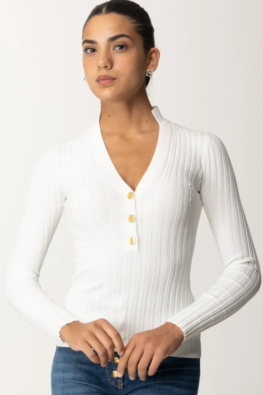 Elisabetta Franchi Maglia In Viscosa a Coste con BottonieraAVORIO