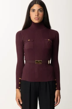 Elisabetta Franchi Maglia Dolcevita a Costine con Ricamo LogoROUGE NOIR