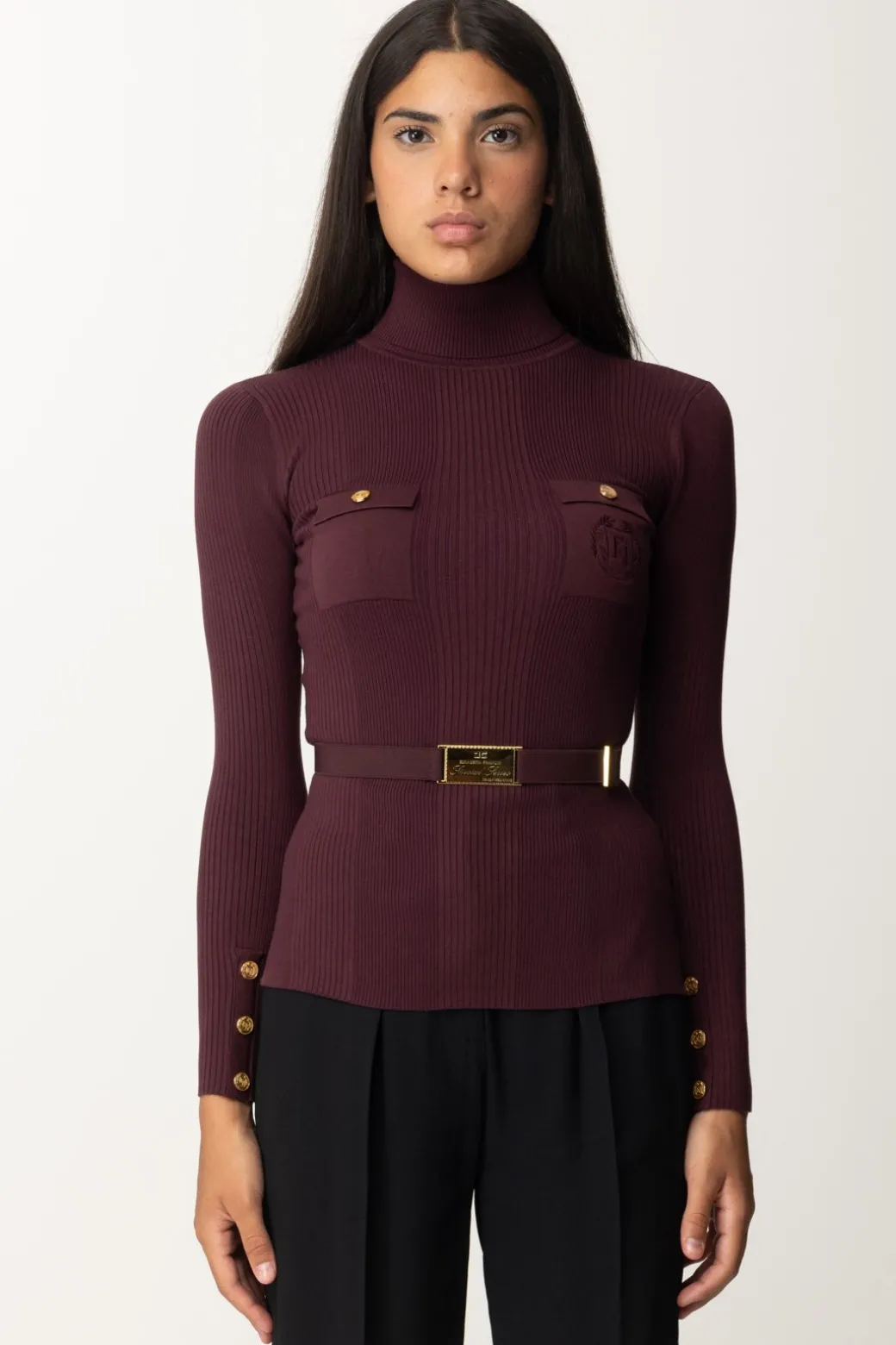 Elisabetta Franchi Maglia Dolcevita a Costine con Ricamo LogoROUGE NOIR