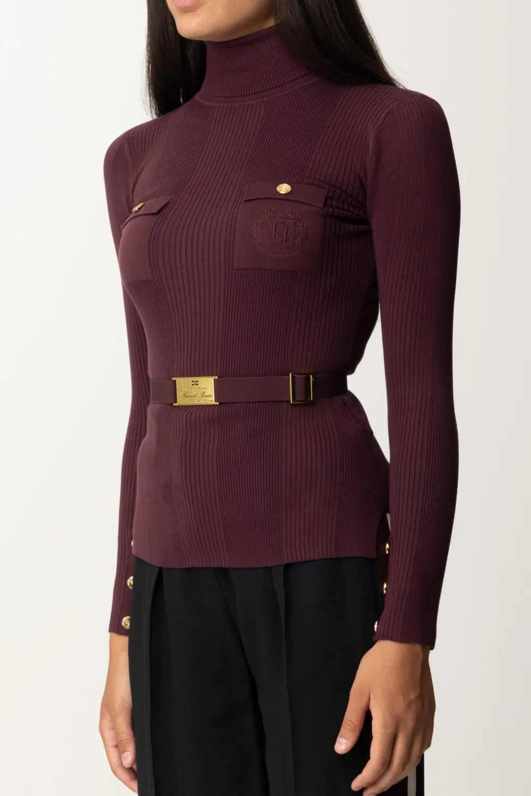 Elisabetta Franchi Maglia Dolcevita a Costine con Ricamo LogoROUGE NOIR