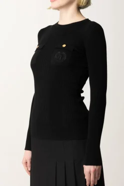 Elisabetta Franchi Maglia Tricot Misto Seta con Ricamo LogoNERO