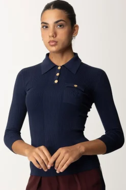Elisabetta Franchi Maglia Polo In Costine con Ricamo LogoNAVY