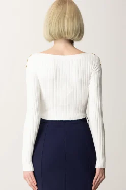 Elisabetta Franchi Maglia Cropped a Coste con BottonieraAVORIO
