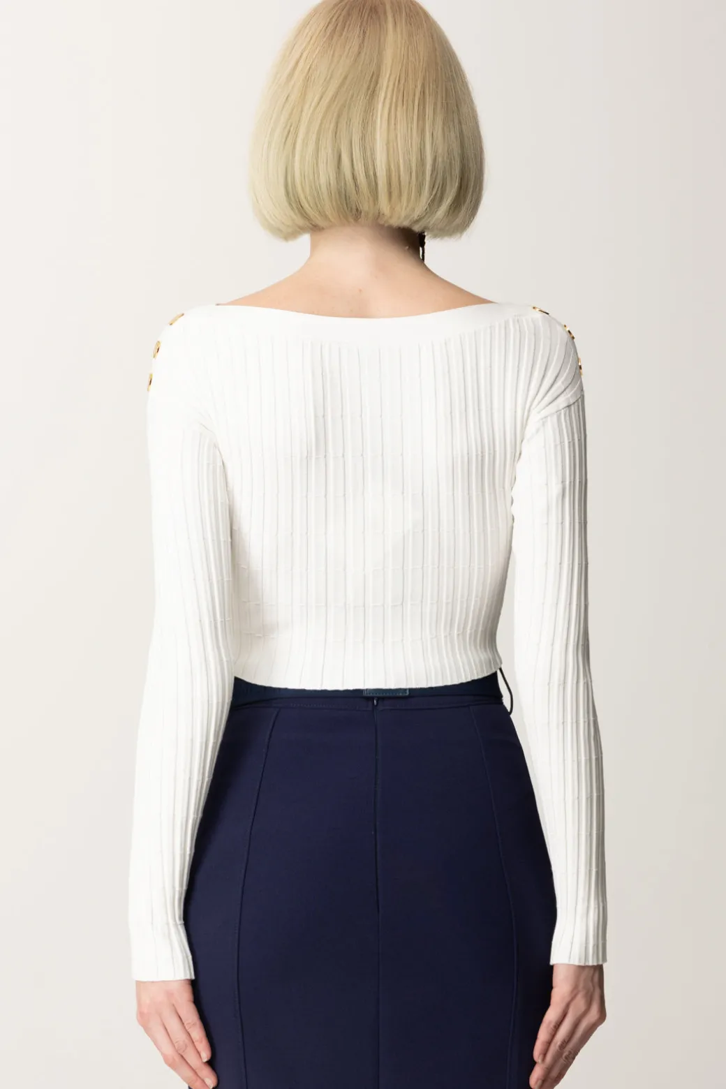 Elisabetta Franchi Maglia Cropped a Coste con BottonieraAVORIO