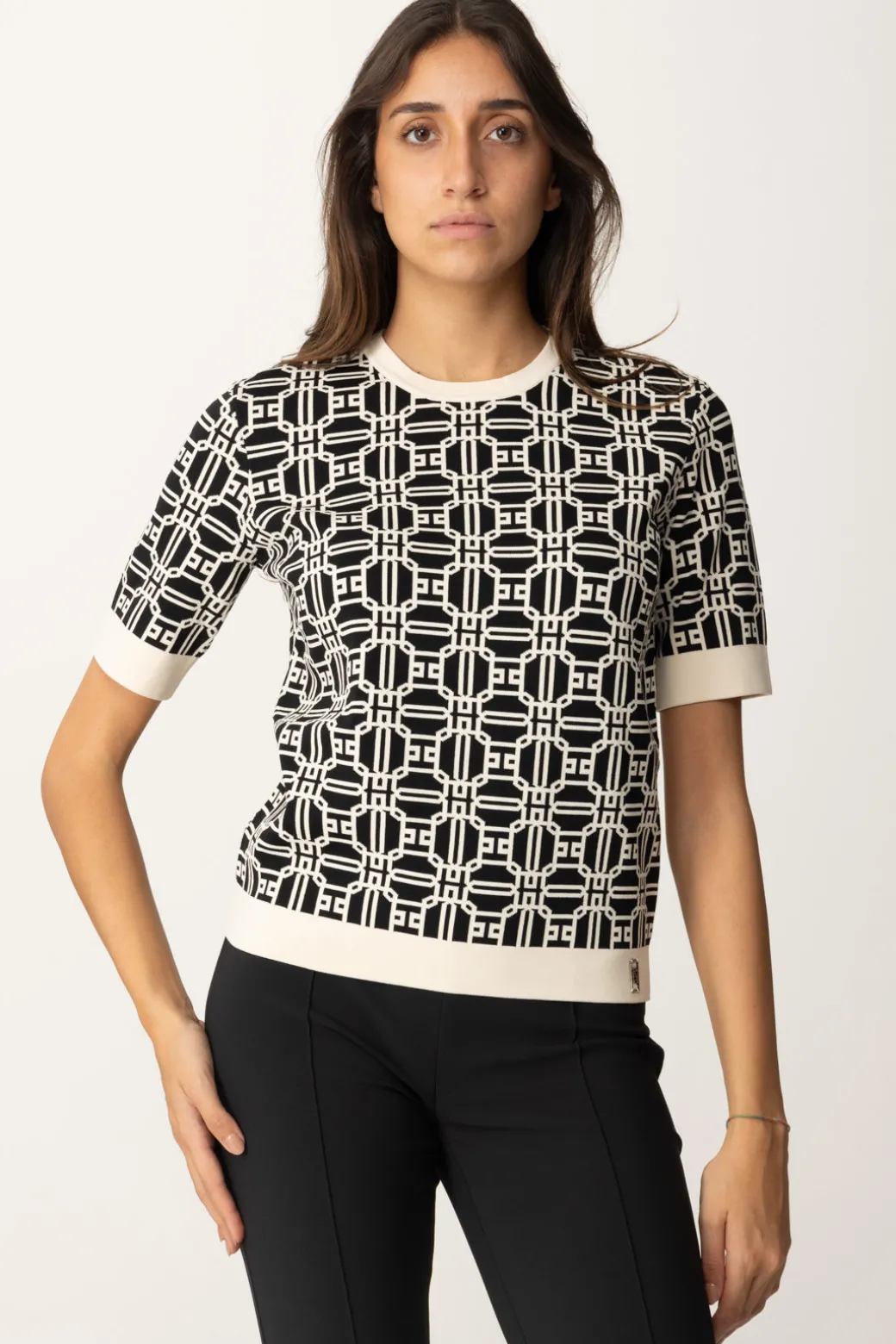 Elisabetta Franchi Maglia Logata a ContrastoNERO/BURRO