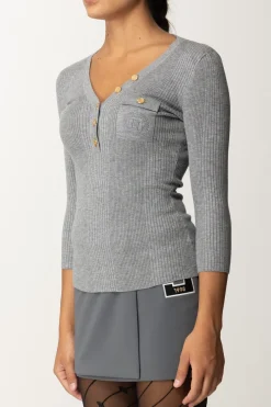Elisabetta Franchi Maglia Scollo a V con Ricamo LogoGRIGIO MELANGE