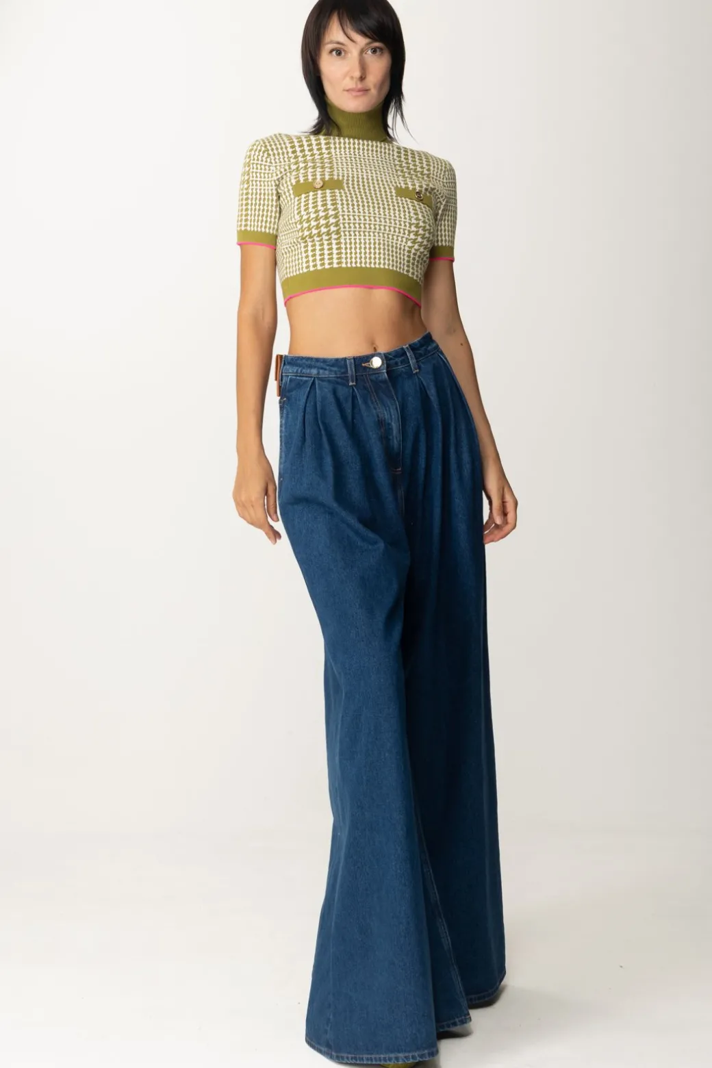 Elisabetta Franchi Maglia Crop In Principe Di GallesOLIVE OIL/BURRO