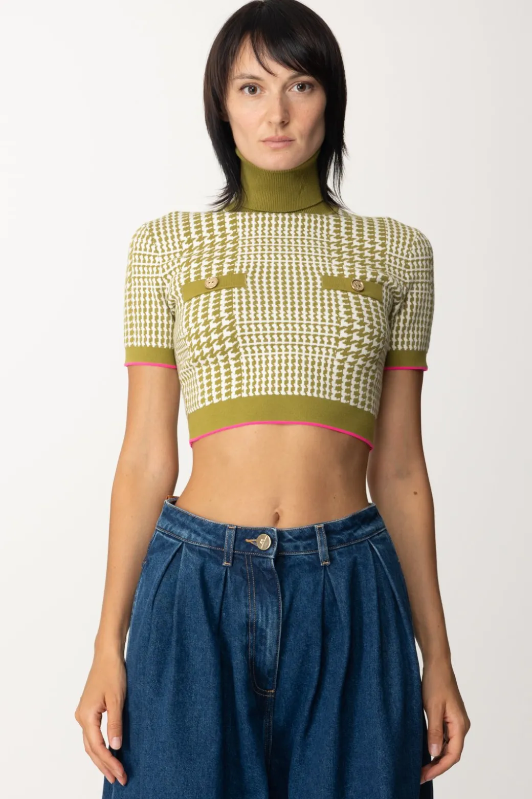 Elisabetta Franchi Maglia Crop In Principe Di GallesOLIVE OIL/BURRO