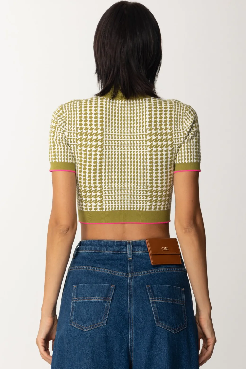 Elisabetta Franchi Maglia Crop In Principe Di GallesOLIVE OIL/BURRO