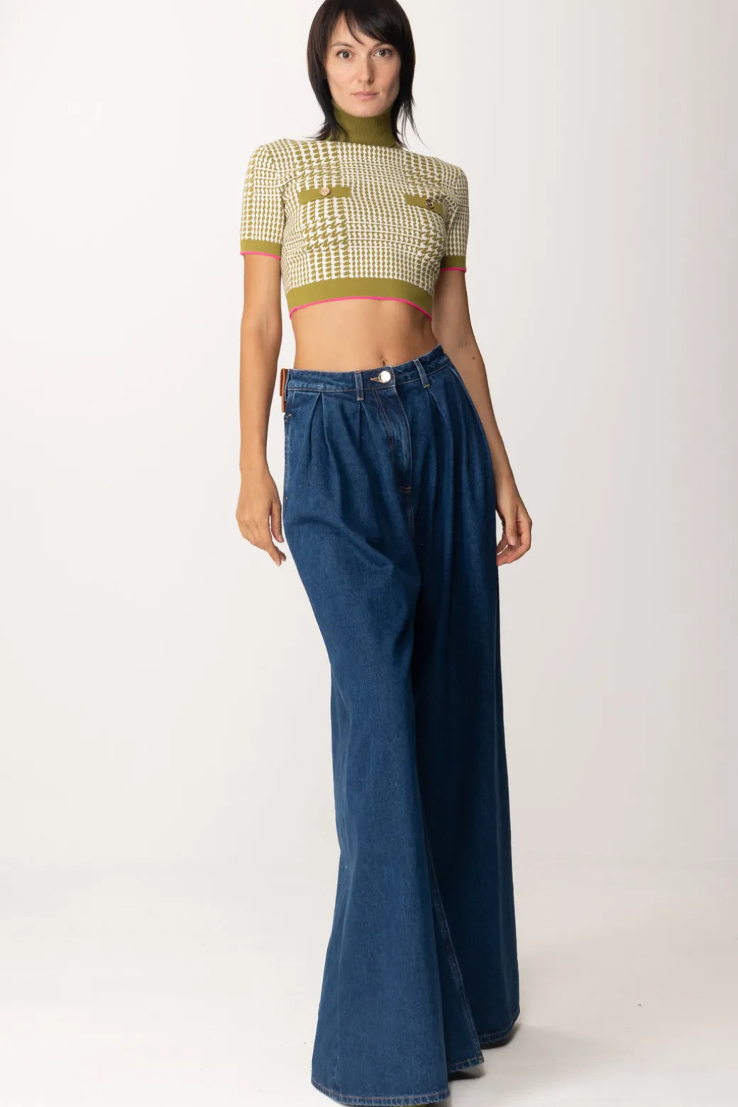 Elisabetta Franchi Maglia Crop In Principe Di GallesOLIVE OIL/BURRO