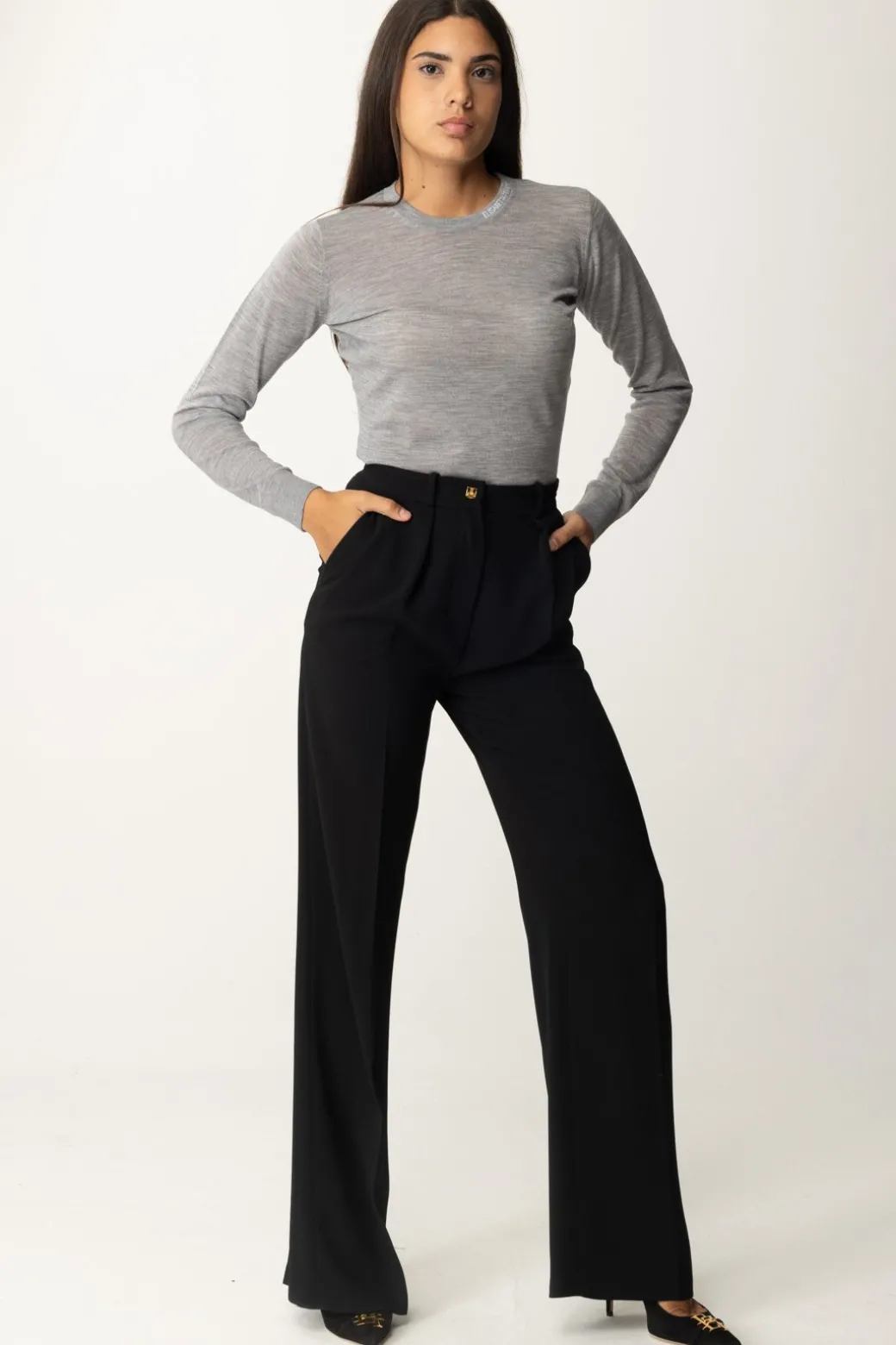 Elisabetta Franchi Maglia In Lana Merino con Colletto LogatoGRIGIO MELANGE