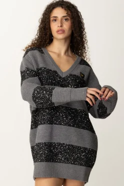 Elisabetta Franchi Maxi Maglia a Righe In Lana con PaillettesSTEEL MELANGE/SILVER