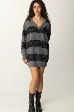 Elisabetta Franchi Maxi Maglia a Righe In Lana con PaillettesSTEEL MELANGE/SILVER