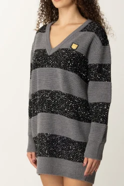 Elisabetta Franchi Maxi Maglia a Righe In Lana con PaillettesSTEEL MELANGE/SILVER