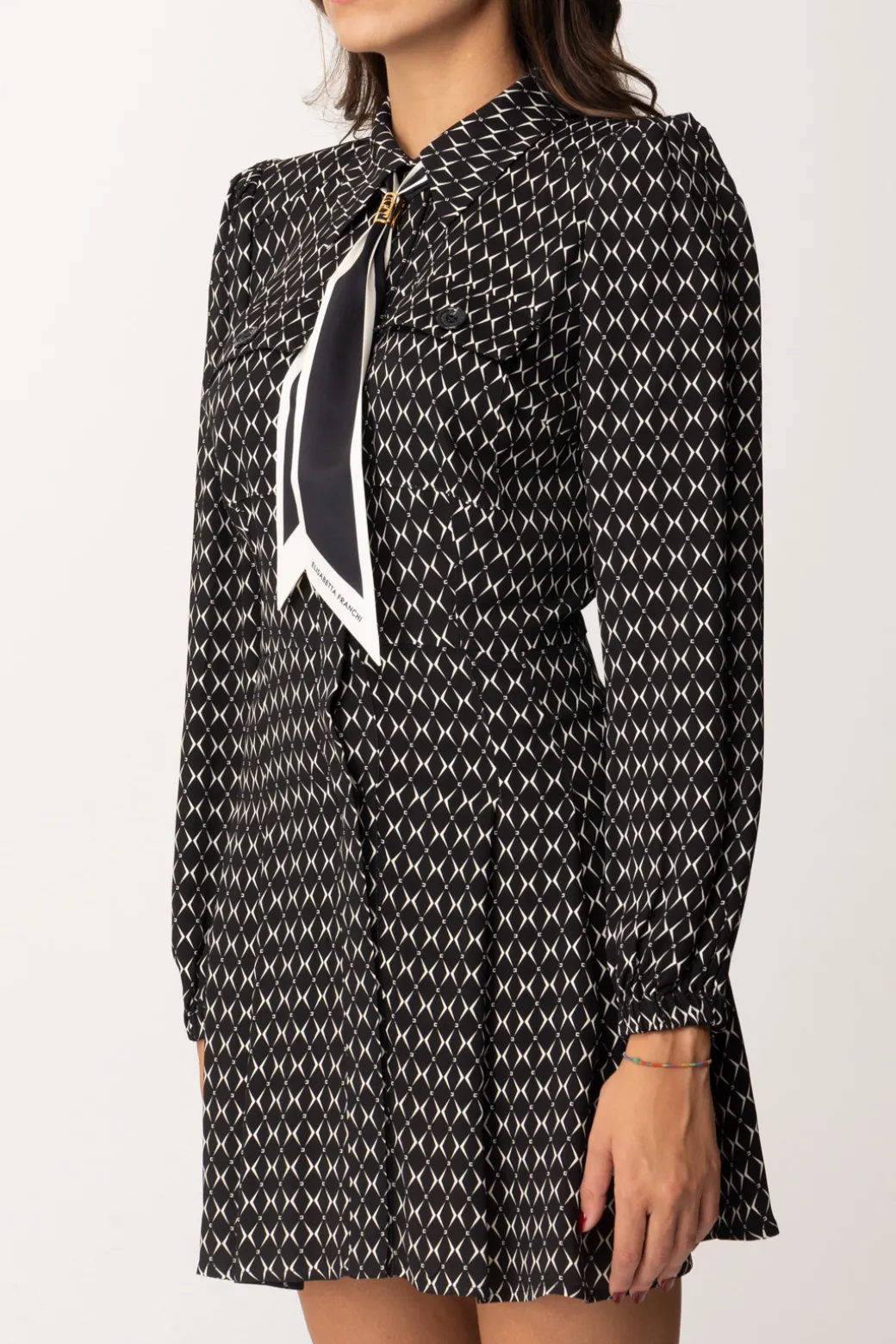 Elisabetta Franchi Mini Abito In Georgette con Foulard e Stampa RombiNERO/BURRO
