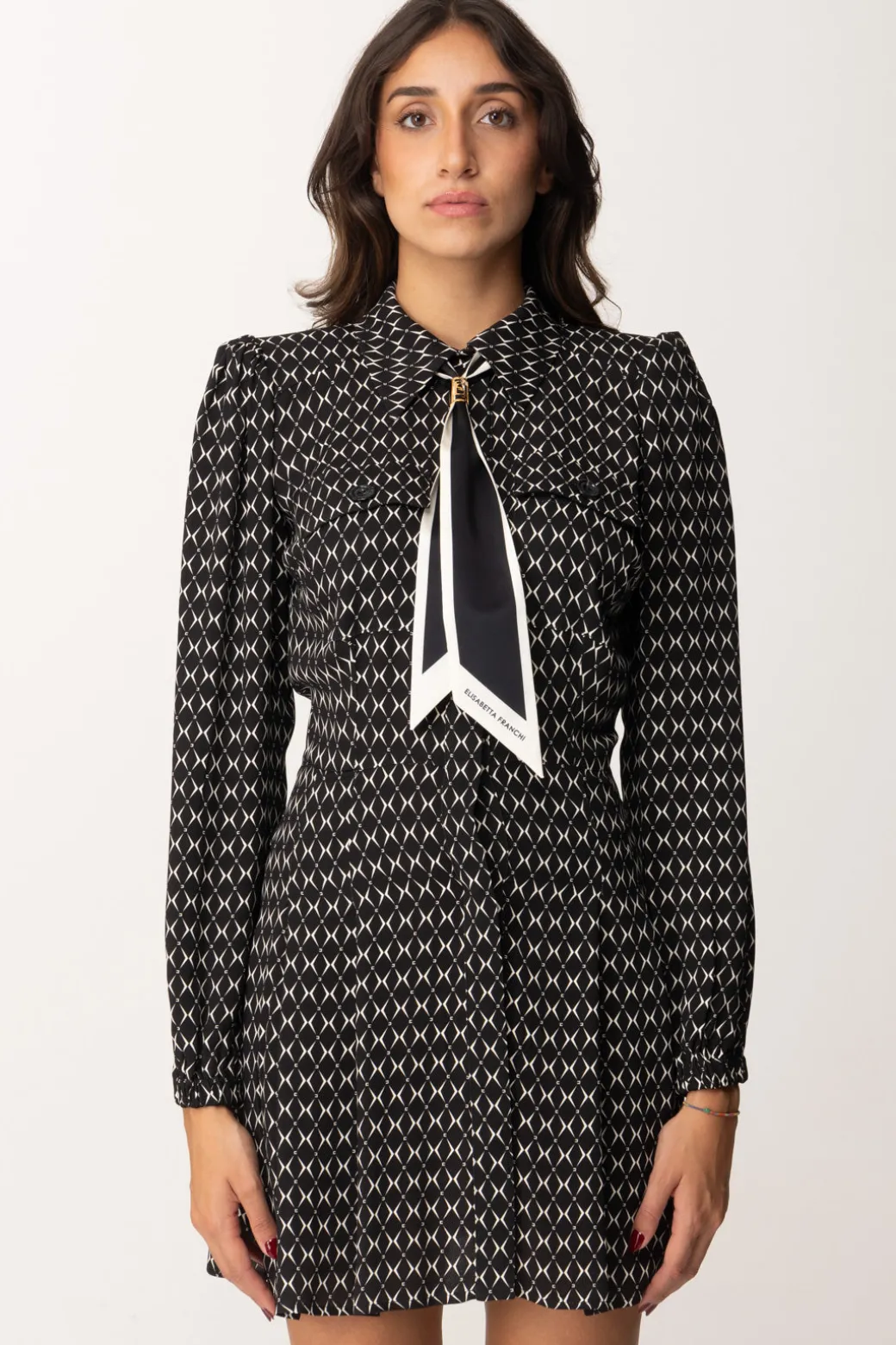 Elisabetta Franchi Mini Abito In Georgette con Foulard e Stampa RombiNERO/BURRO