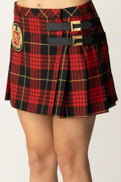 Elisabetta Franchi Minigonna a Pieghe Tartan con PatchNERO/RED PASSION